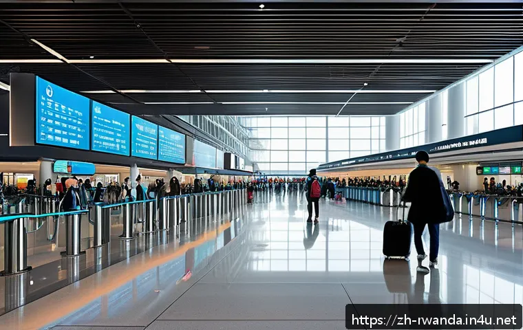 르완다 공항 도착 절차 - A busy modern international airport arrival hall designed for Chinese travelers, featuring clear bil...