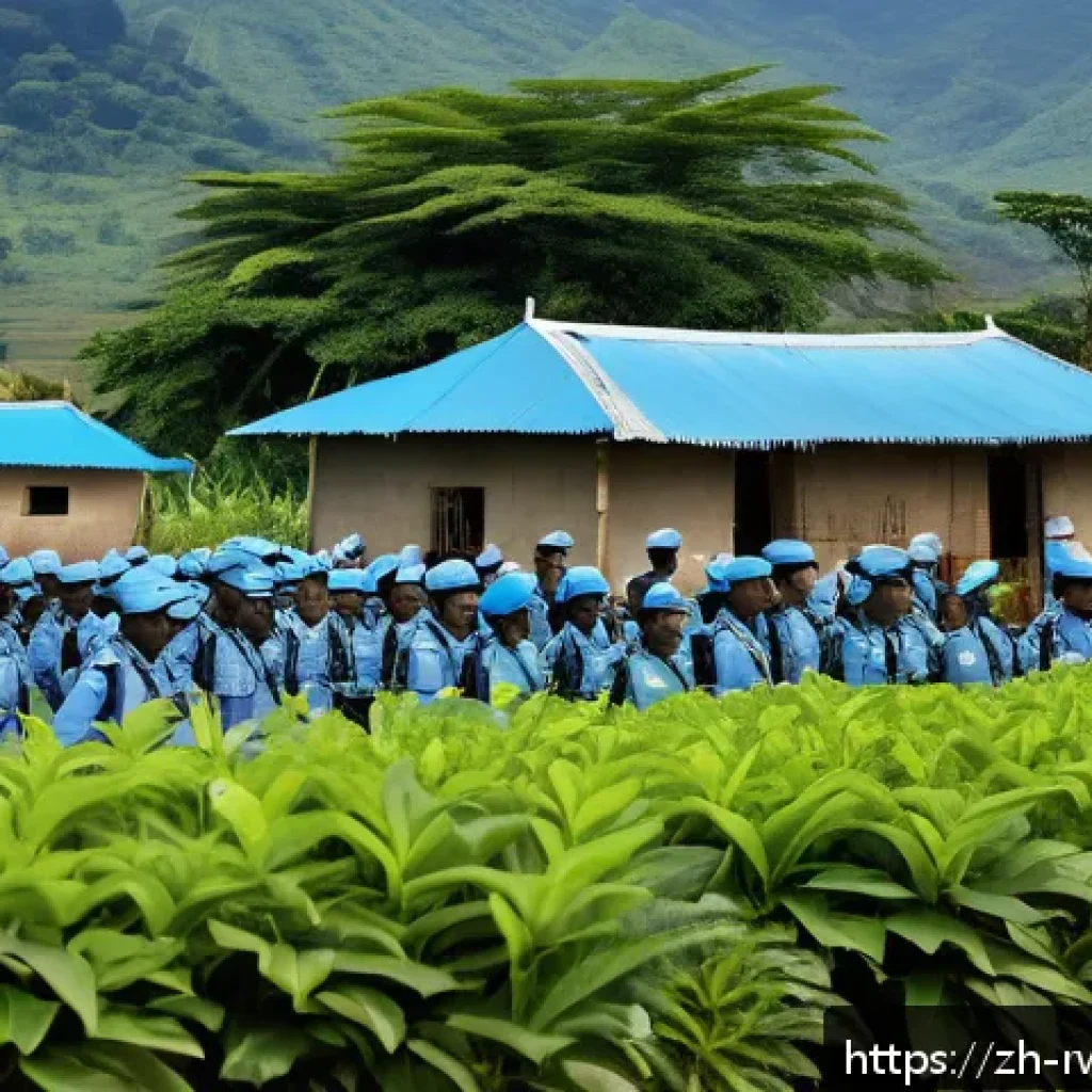 르완다의 국제 기구 회원 - A vibrant scene depicting Rwandan peacekeepers in full uniform, engaged in a United Nations peacekee...