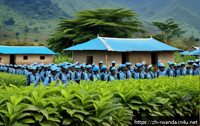 르완다의 국제 기구 회원 - A vibrant scene depicting Rwandan peacekeepers in full uniform, engaged in a United Nations peacekee...