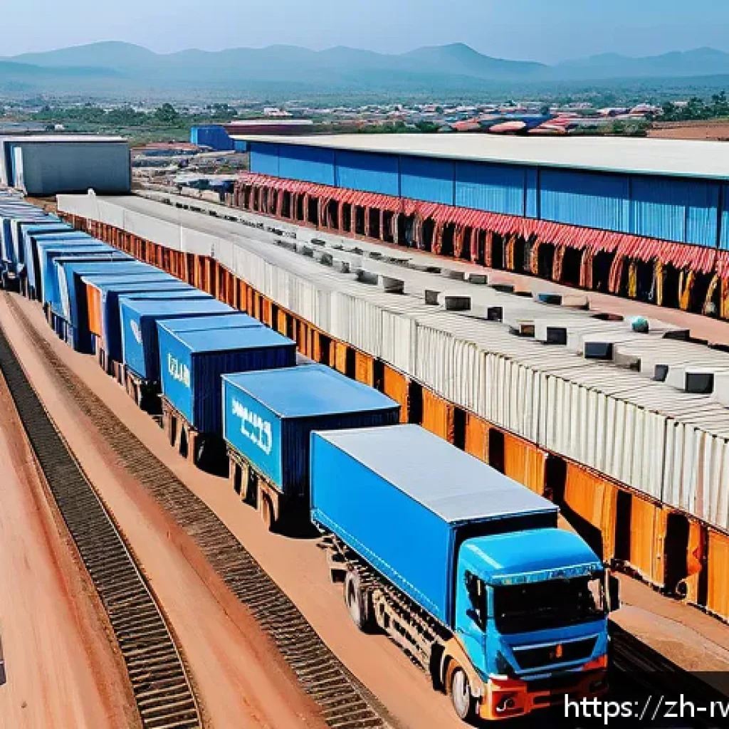 르완다의 주요 수출 협정 - A vibrant, modern African logistics hub scene illustrating cross-border trade facilitation in Rwanda...