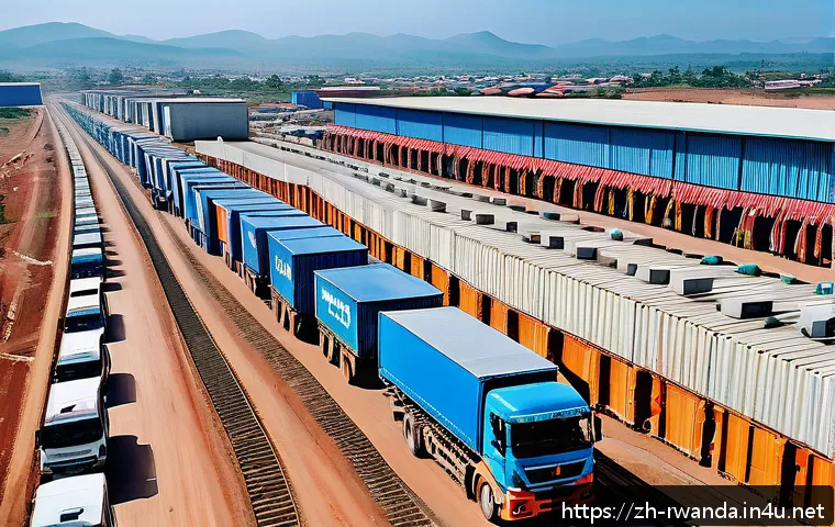 르완다의 주요 수출 협정 - A vibrant, modern African logistics hub scene illustrating cross-border trade facilitation in Rwanda...