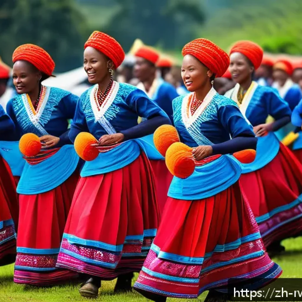 르완다 민속 춤 역사적 맥락 - A vibrant scene of traditional Rwandan folk dancers performing during a harvest festival, wearing co...
