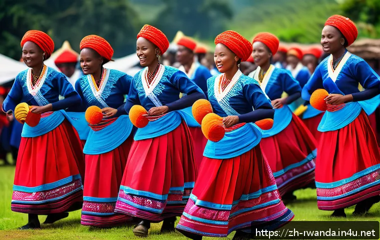 르완다 민속 춤 역사적 맥락 - A vibrant scene of traditional Rwandan folk dancers performing during a harvest festival, wearing co...