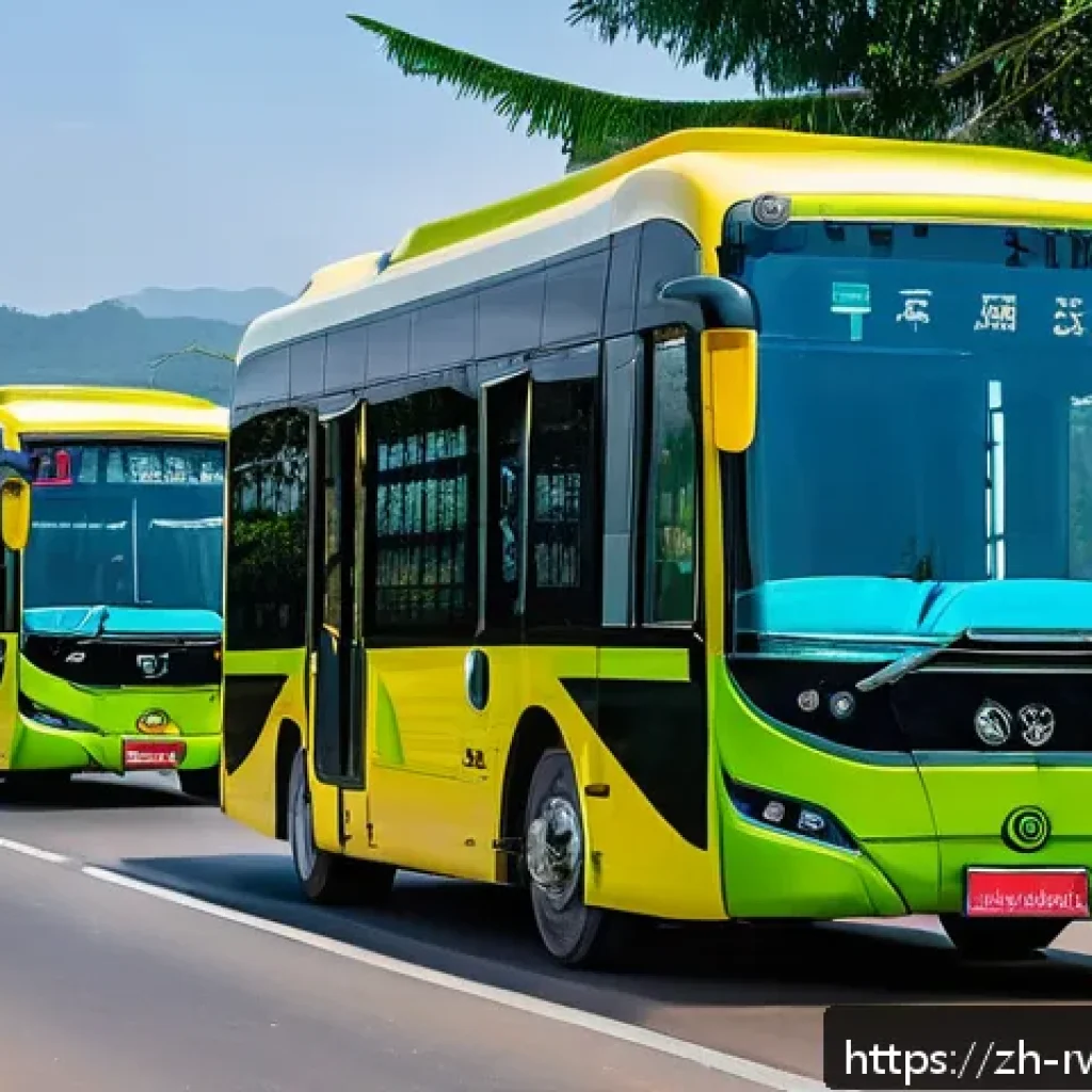 르완다의 대중 교통 개선 방안 - A bustling urban street in Rwanda featuring a fleet of modern electric buses equipped with GPS and r...