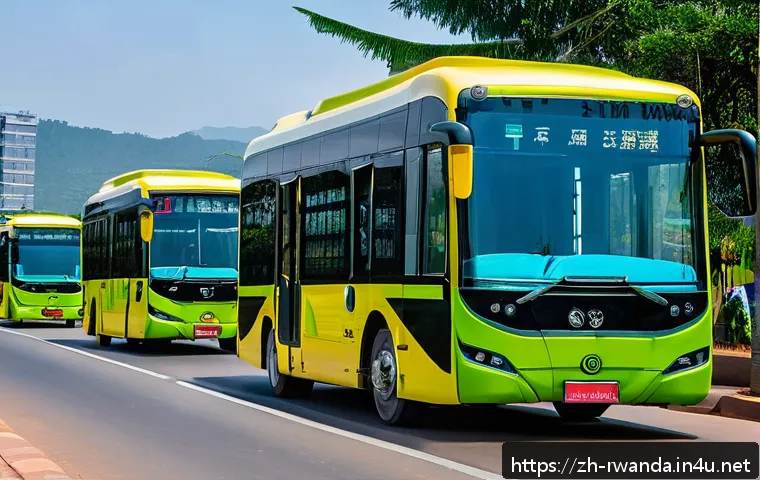 르완다의 대중 교통 개선 방안 - A bustling urban street in Rwanda featuring a fleet of modern electric buses equipped with GPS and r...