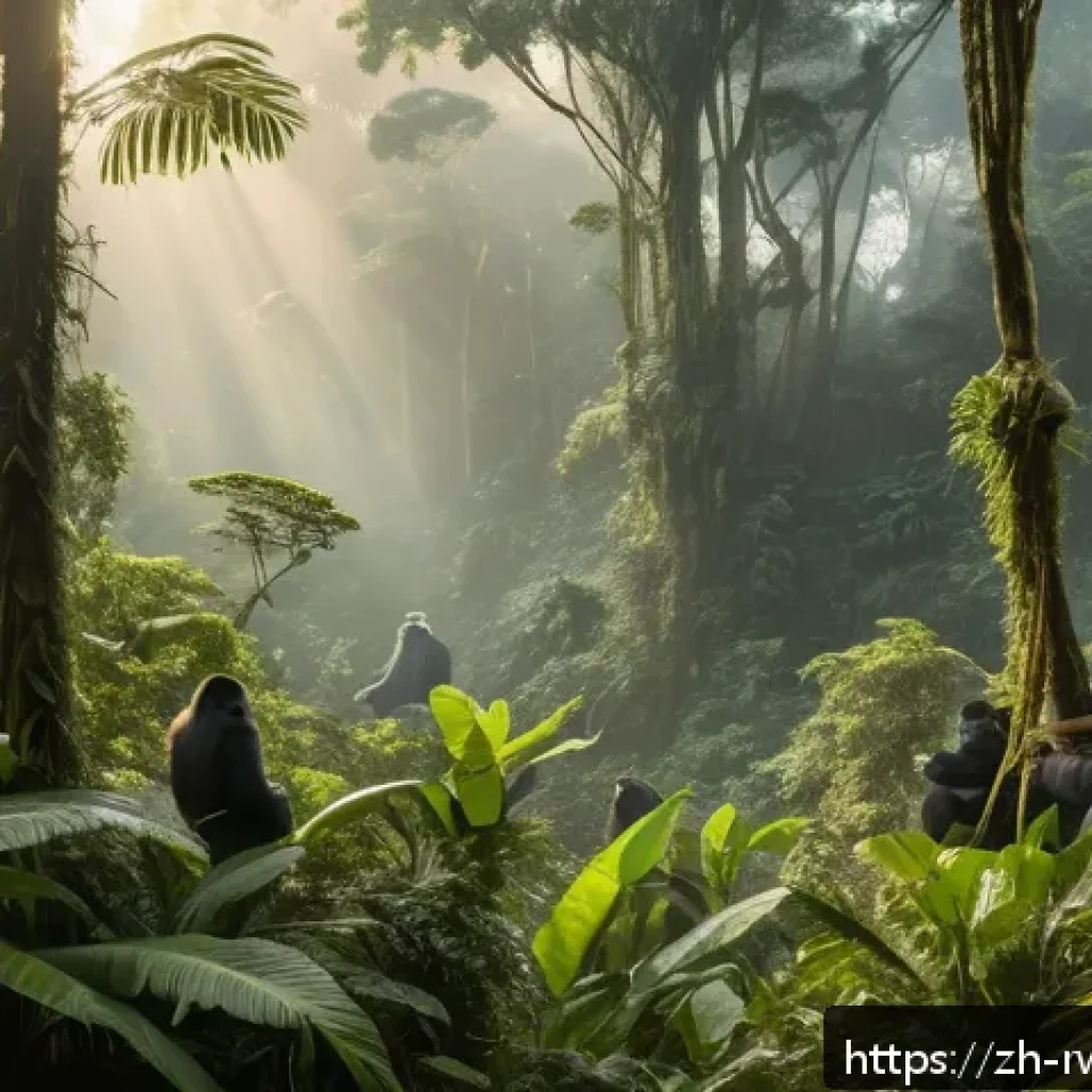 르완다에서의 생태 관광 - A lush, dense Rwandan tropical rainforest scene at dawn, vibrant green foliage with towering ancient...