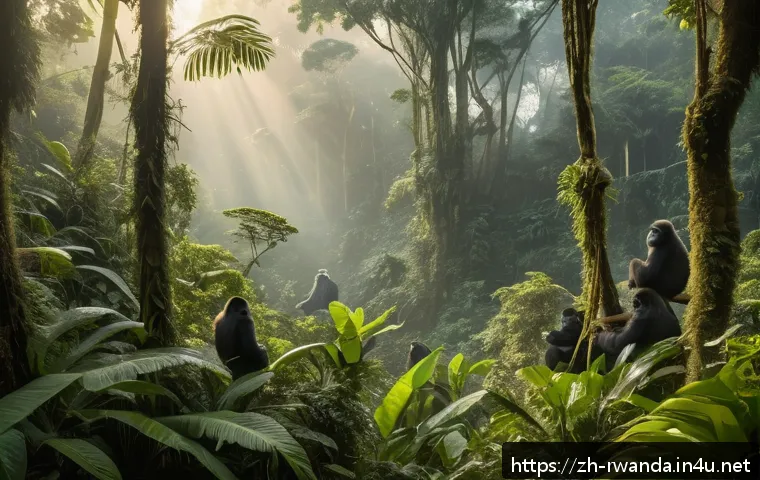 르완다에서의 생태 관광 - A lush, dense Rwandan tropical rainforest scene at dawn, vibrant green foliage with towering ancient...