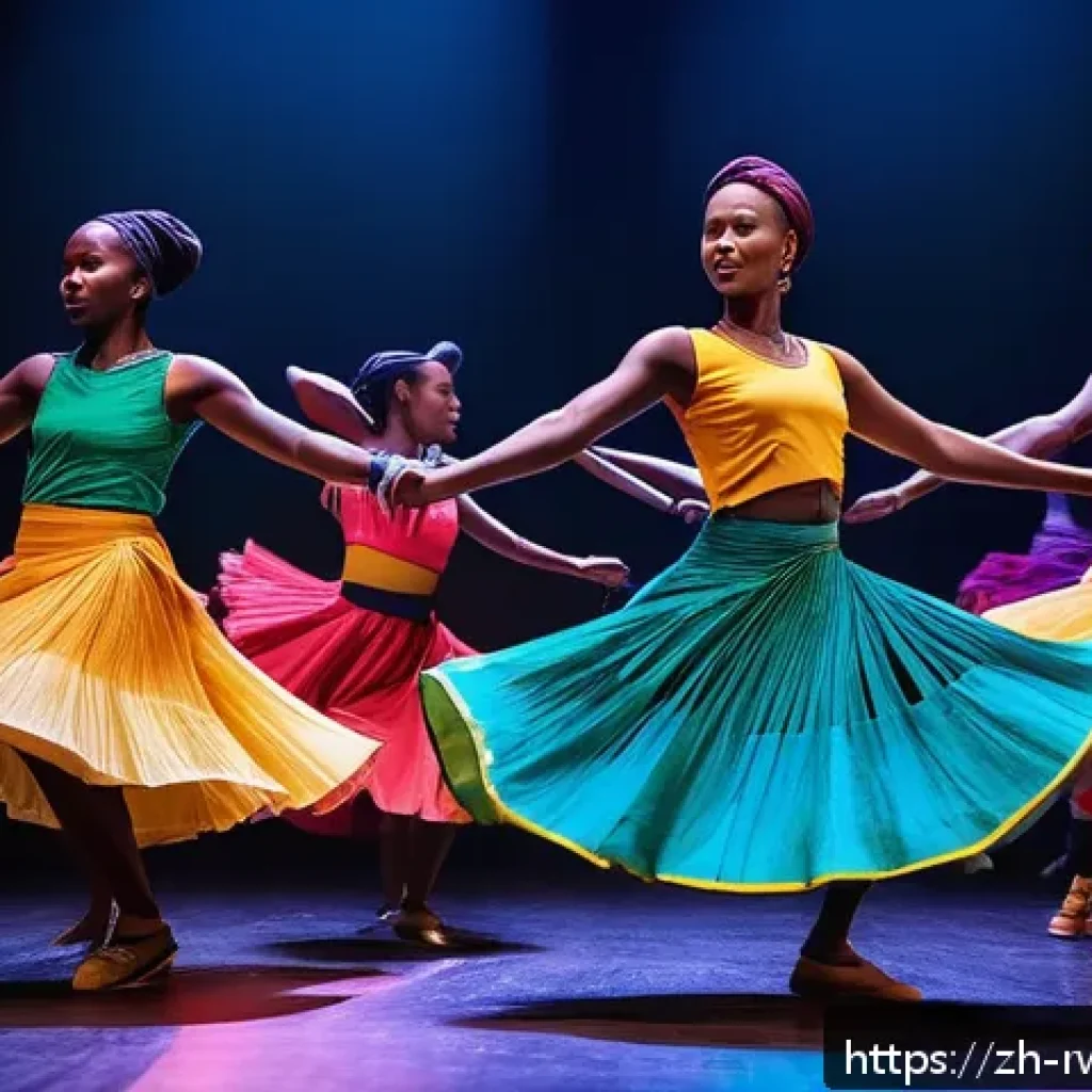 르완다 민속 춤의 현대적 재해석 - A vibrant scene showcasing a group of Rwandan dancers performing a fusion dance that combines tradit...