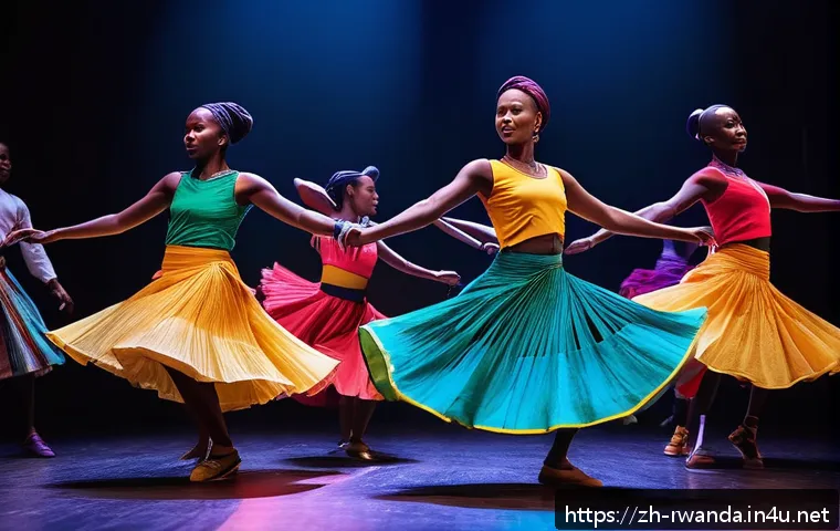 르완다 민속 춤의 현대적 재해석 - A vibrant scene showcasing a group of Rwandan dancers performing a fusion dance that combines tradit...