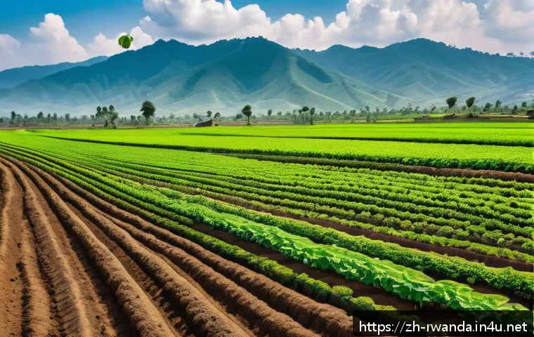 르완다의 주요 농업 협동조합 사례 - A vibrant scene of a Rwandan agricultural cooperative field with farmers using advanced smart farmin...