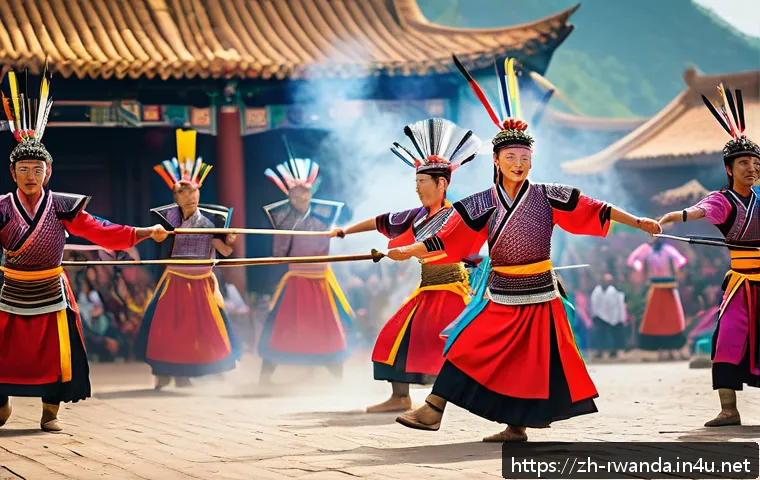 르완다의 전통 춤 동영상 - A dynamic scene of Intore dance performers in traditional warrior attire, featuring muscular dancers...