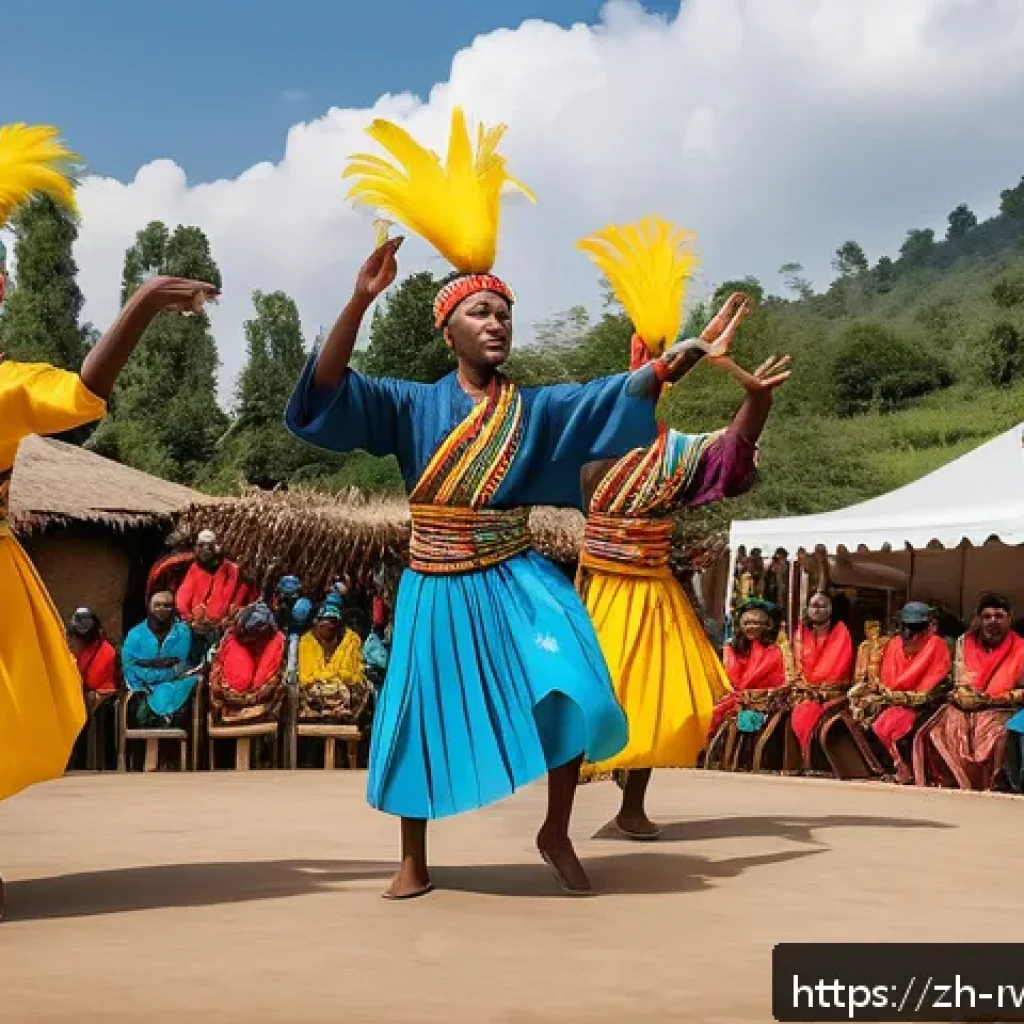 르완다 민속 춤의 주요 공연장 분석 - A vibrant traditional Rwandan folk dance performance showcasing dancers in colorful geometric-patter...