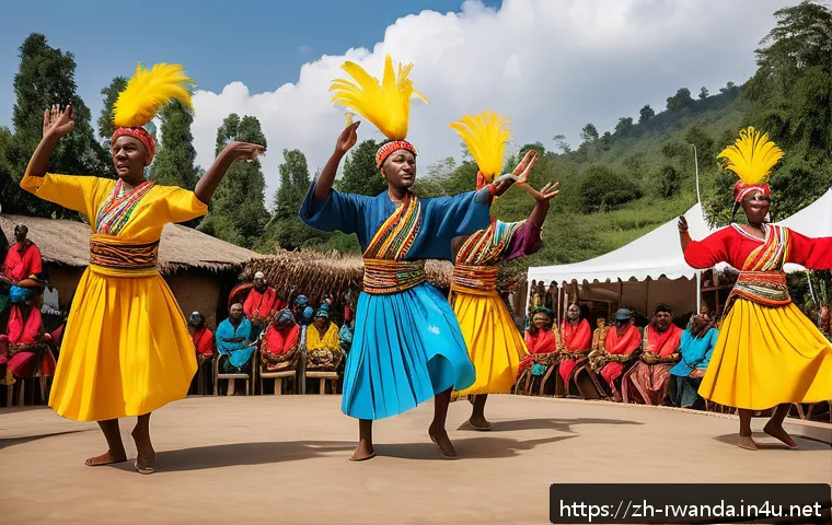 르완다 민속 춤의 주요 공연장 분석 - A vibrant traditional Rwandan folk dance performance showcasing dancers in colorful geometric-patter...