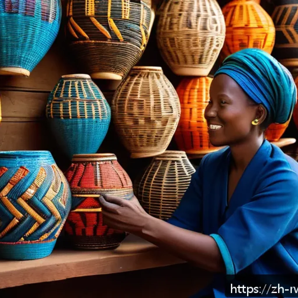 르완다의 국립 미술관 - A vibrant Rwandan traditional art scene showcasing artisans weaving colorful baskets and carving int...