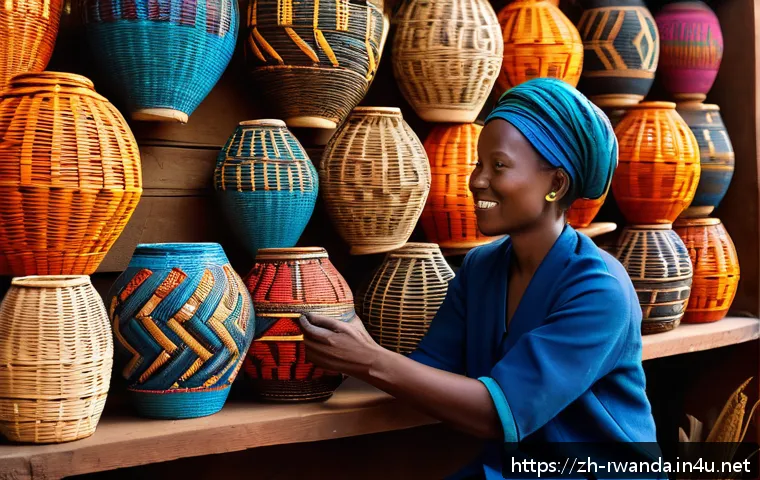 르완다의 국립 미술관 - A vibrant Rwandan traditional art scene showcasing artisans weaving colorful baskets and carving int...