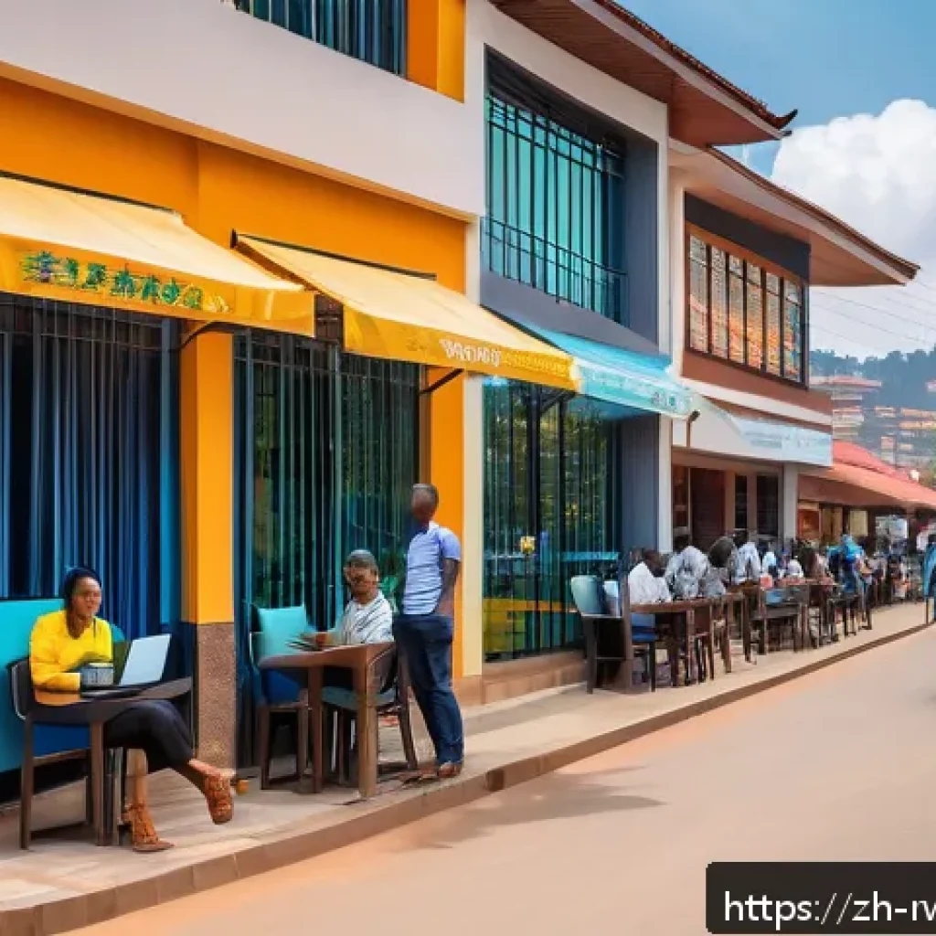 르완다의 지역 경제 활성화 - A vibrant urban scene in Kigali, Rwanda, showcasing advanced digital infrastructure: wide streets li...