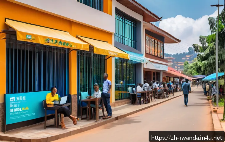 르완다의 지역 경제 활성화 - A vibrant urban scene in Kigali, Rwanda, showcasing advanced digital infrastructure: wide streets li...