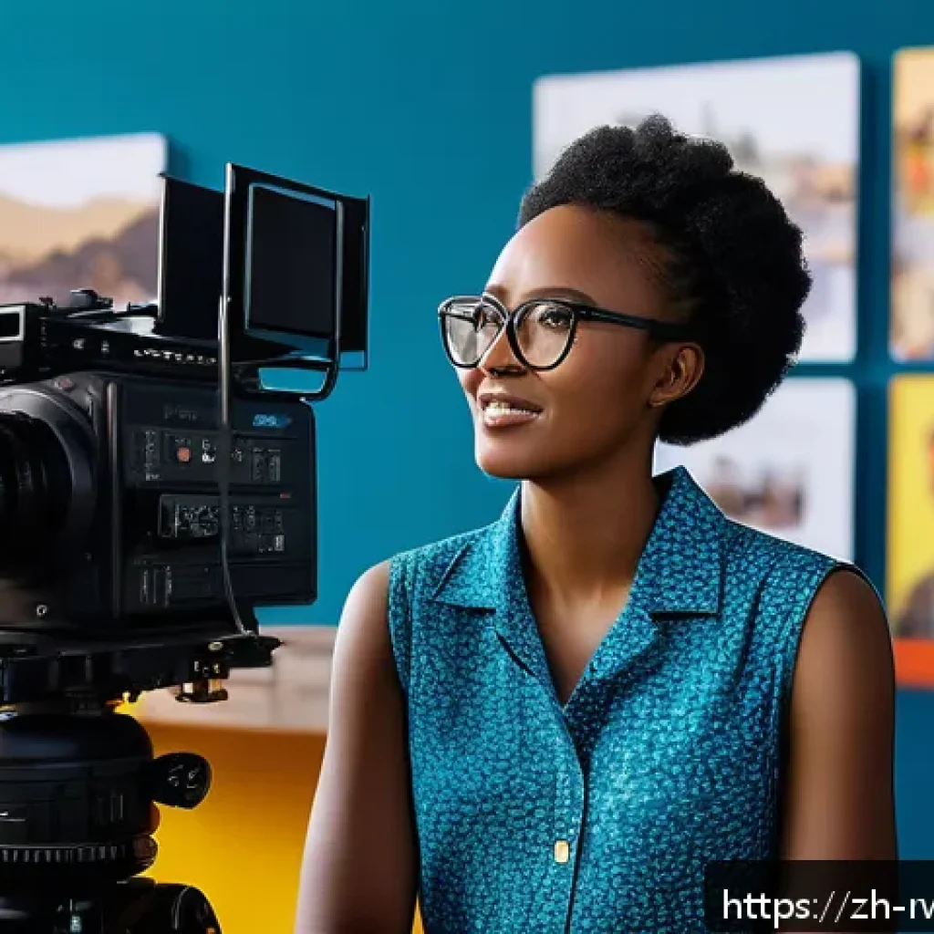 르완다 영화 산업 - A vibrant film set in Kigali, Rwanda, showcasing a young, educated Black female director wearing sty...