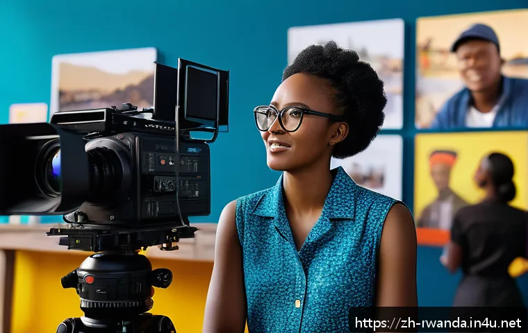 르완다 영화 산업 - A vibrant film set in Kigali, Rwanda, showcasing a young, educated Black female director wearing sty...