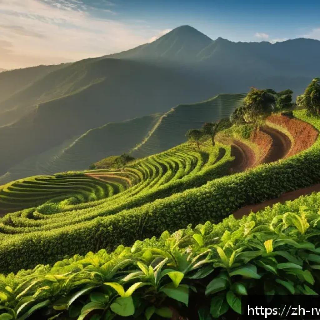 르완다 커피 농장 체험 - A vibrant Rwandan highland coffee farm scene at sunrise, showing lush green coffee plants growing on...
