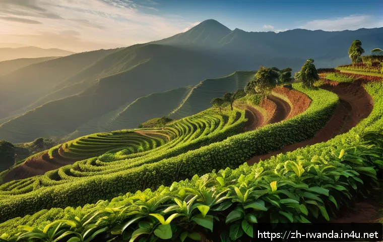 르완다 커피 농장 체험 - A vibrant Rwandan highland coffee farm scene at sunrise, showing lush green coffee plants growing on...