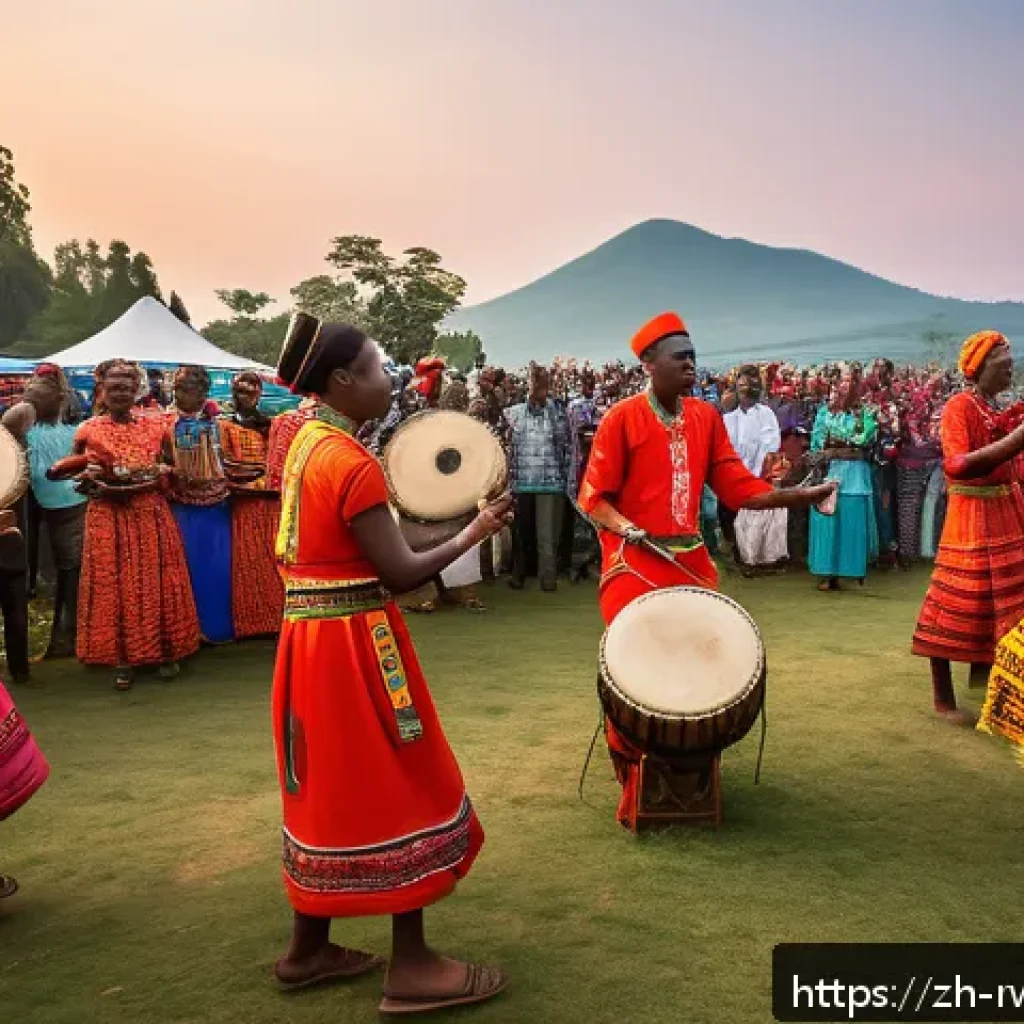 르완다 민속 음악 콘서트 - A vibrant outdoor Rwandan music festival scene at sunset, featuring traditional musicians playing Ng...