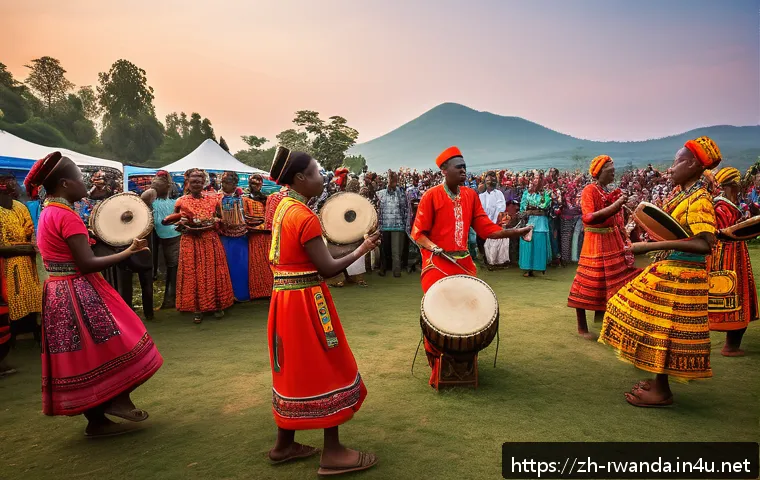 르완다 민속 음악 콘서트 - A vibrant outdoor Rwandan music festival scene at sunset, featuring traditional musicians playing Ng...