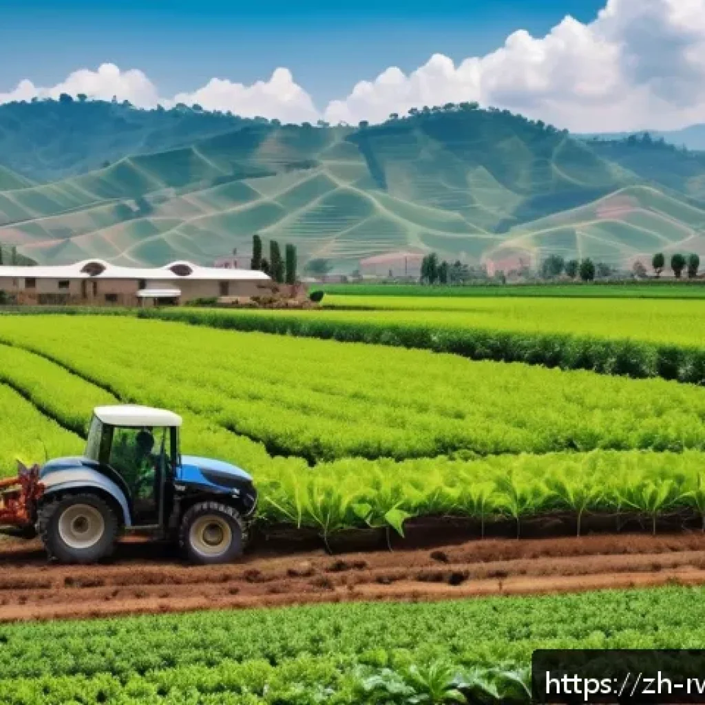 르완다에서의 투자 혜택 - A modern Rwandan agricultural scene showcasing advanced smart irrigation systems and mechanized farm...