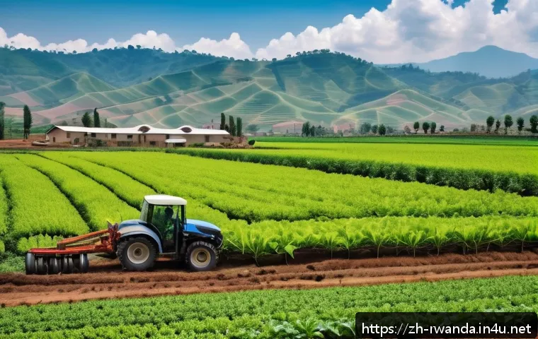 르완다에서의 투자 혜택 - A modern Rwandan agricultural scene showcasing advanced smart irrigation systems and mechanized farm...