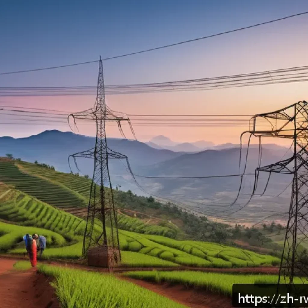 르완다의 전력 공급 현황 - A detailed modernized electrical transmission network in rural Rwanda at sunset, showing newly insta...