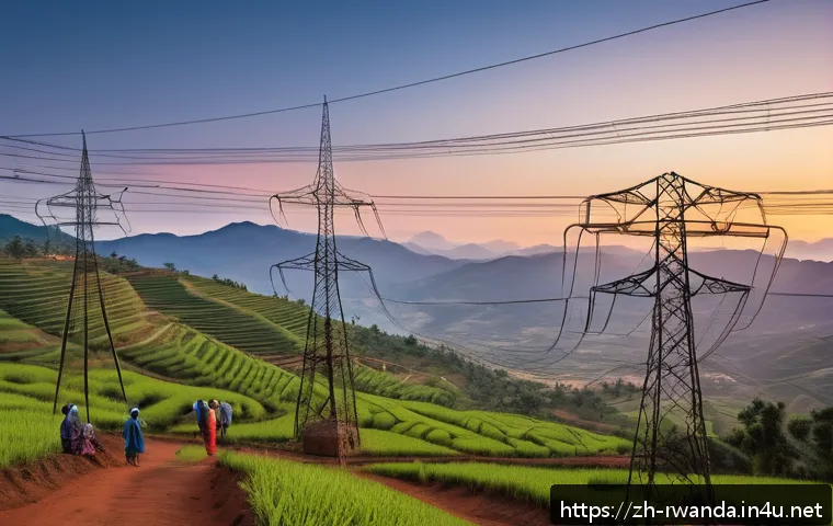 르완다의 전력 공급 현황 - A detailed modernized electrical transmission network in rural Rwanda at sunset, showing newly insta...