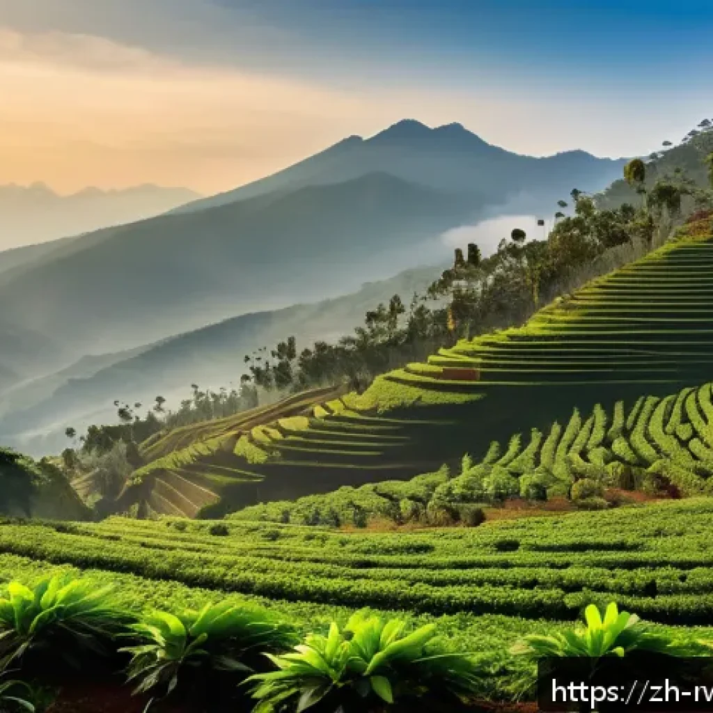 르완다 커피 생산지 투어 - A panoramic view of Rwanda’s highland coffee plantations at sunrise, showcasing lush green volcanic ...
