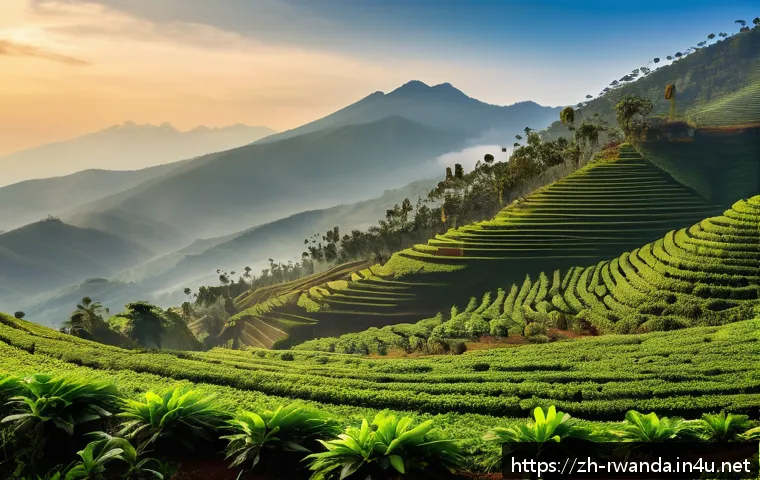 르완다 커피 생산지 투어 - A panoramic view of Rwanda’s highland coffee plantations at sunrise, showcasing lush green volcanic ...