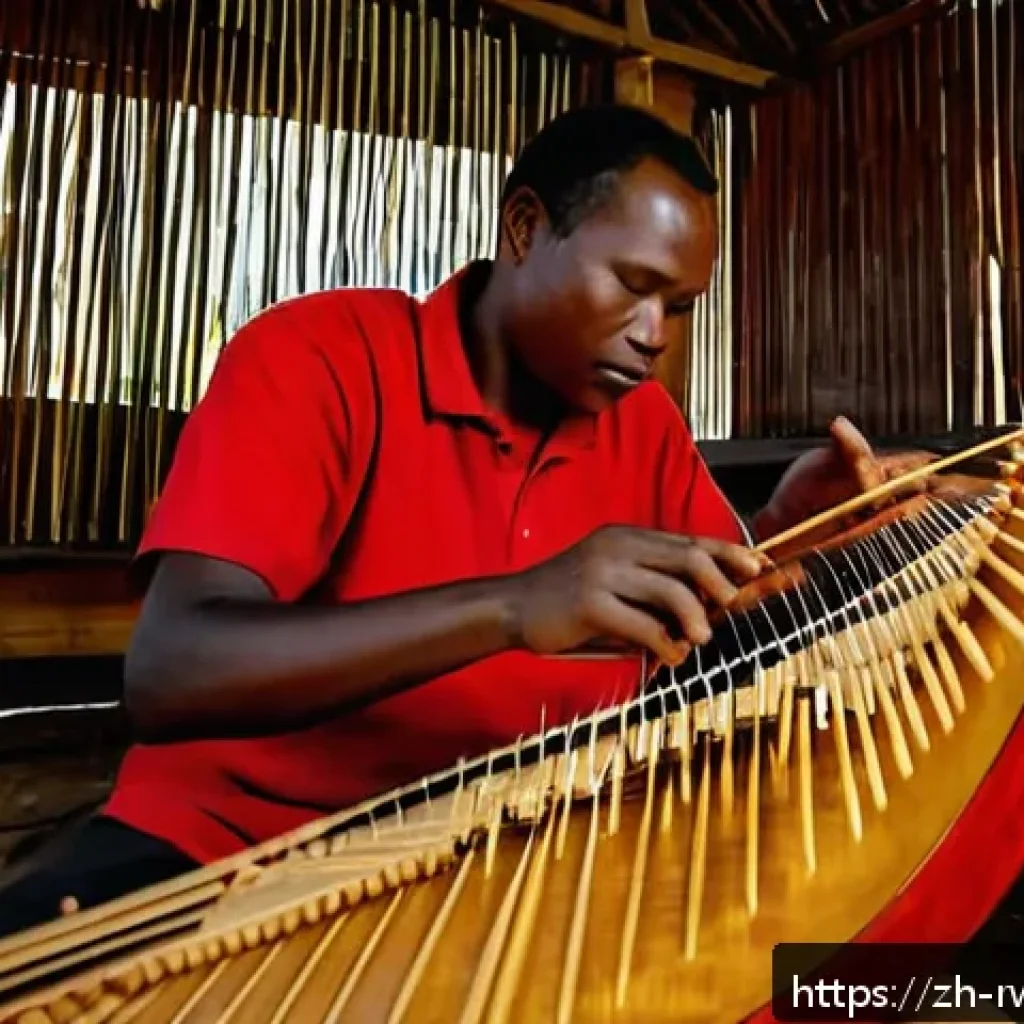 르완다의 전통 음악 공연 - A detailed scene showing a skilled Rwandan artisan crafting an inanga, a traditional seven-stringed ...