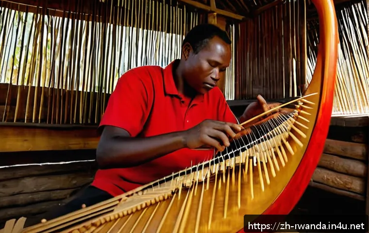 르완다의 전통 음악 공연 - A detailed scene showing a skilled Rwandan artisan crafting an inanga, a traditional seven-stringed ...