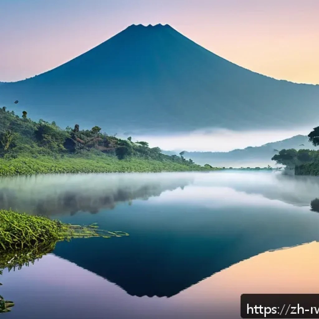르완다의 주요 관광 프로그램 - A serene early morning scene by Lake Niassa in Rwanda, featuring a calm mirror-like lake surface wit...