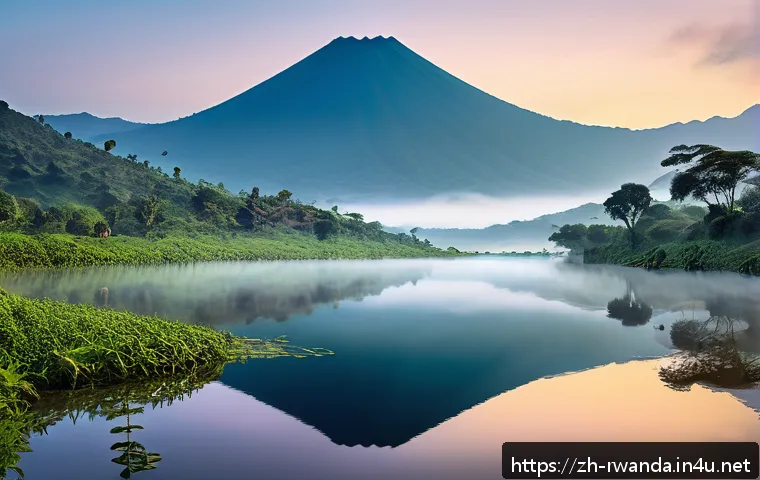 르완다의 주요 관광 프로그램 - A serene early morning scene by Lake Niassa in Rwanda, featuring a calm mirror-like lake surface wit...