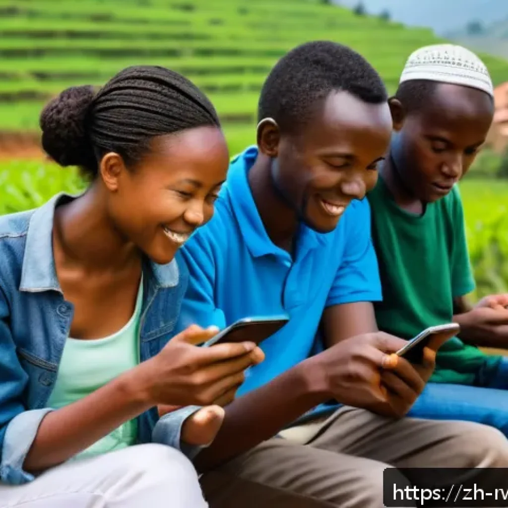 르완다의 소셜 미디어 사용 현황 - A vibrant urban and rural scene in Rwanda showing diverse people using affordable smartphones to acc...