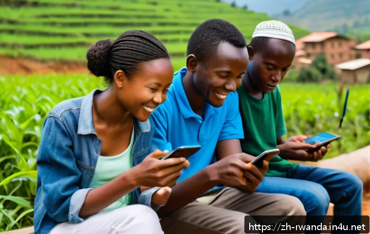 르완다의 소셜 미디어 사용 현황 - A vibrant urban and rural scene in Rwanda showing diverse people using affordable smartphones to acc...