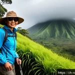 르완다 여행 필수 준비물 - A detailed outdoor hiking scene in Rwanda’s Volcanoes National Park featuring a middle-aged Asian tr...