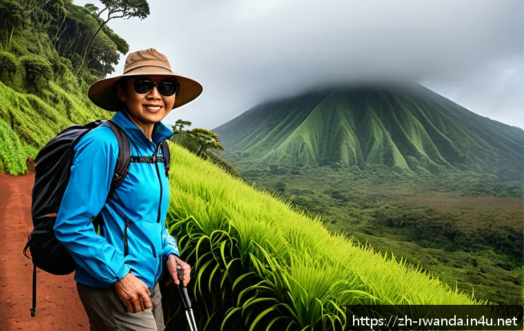 르완다 여행 필수 준비물 - A detailed outdoor hiking scene in Rwanda’s Volcanoes National Park featuring a middle-aged Asian tr...