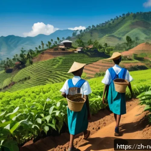 르완다에서의 공정무역 프로그램 - A vibrant rural scene depicting Rwandan coffee farmers working together in a cooperative farm under ...