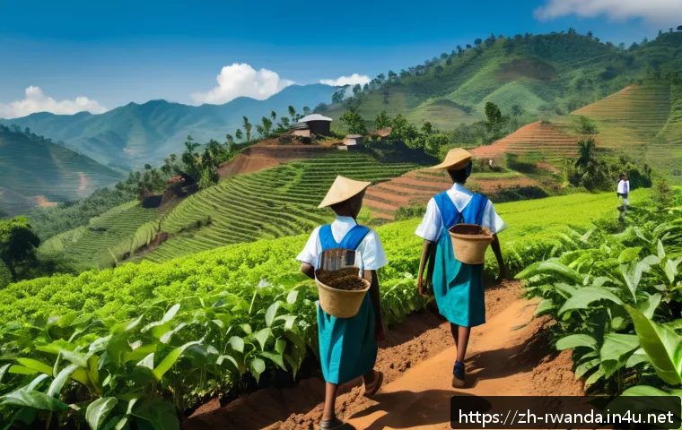 르완다에서의 공정무역 프로그램 - A vibrant rural scene depicting Rwandan coffee farmers working together in a cooperative farm under ...