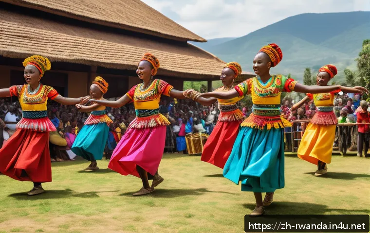 르완다의 민속 춤 페스티벌 개최 - A vibrant traditional Rwandan dance festival scene under bright daylight, featuring a group of dance...