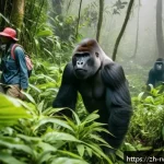 르완다의 주요 관광 산업 분석 - A breathtaking scene of tourists on a gorilla trekking expedition in Rwanda’s dense, misty tropical ...