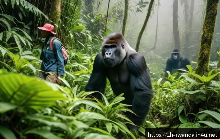 르완다의 주요 관광 산업 분석 - A breathtaking scene of tourists on a gorilla trekking expedition in Rwanda’s dense, misty tropical ...