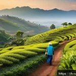 르완다에서의 은퇴 생활 - A serene Rwandan countryside landscape at sunrise, featuring rolling green hills covered with vast t...