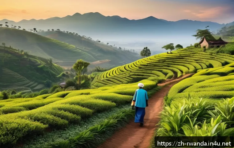 르완다에서의 은퇴 생활 - A serene Rwandan countryside landscape at sunrise, featuring rolling green hills covered with vast t...