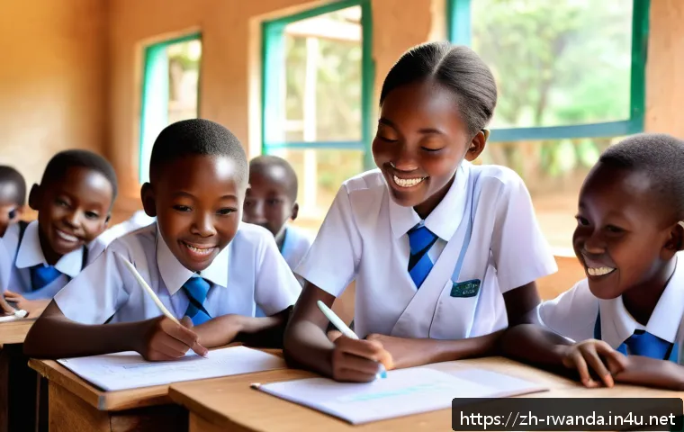 르완다의 주요 교육 프로그램 - A vibrant rural Rwandan classroom equipped with modern digital infrastructure: children wearing scho...