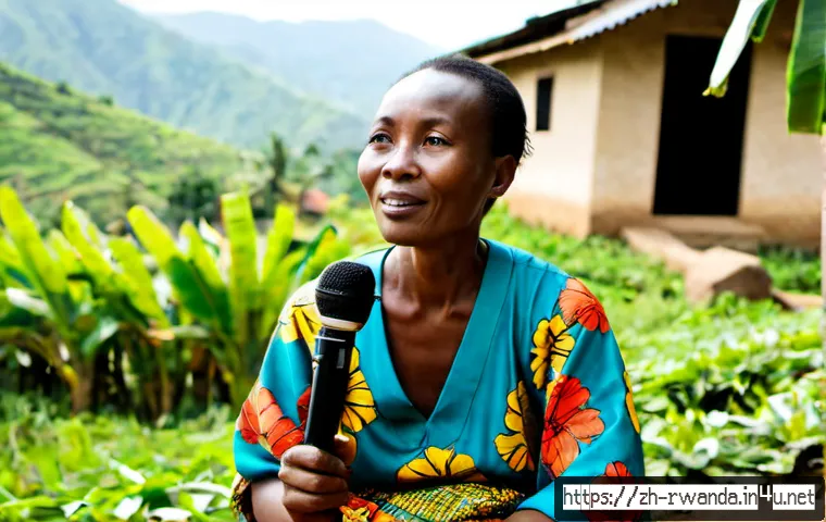 르완다 지역 주민 인터뷰 - Photorealistic documentary-style interview in a rural Rwandan village, a local middle-aged woman in ...